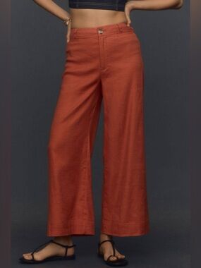 Maeve Anthropologie Orange Ettie High Rise Wide Leg Crop Linen Blend Pants